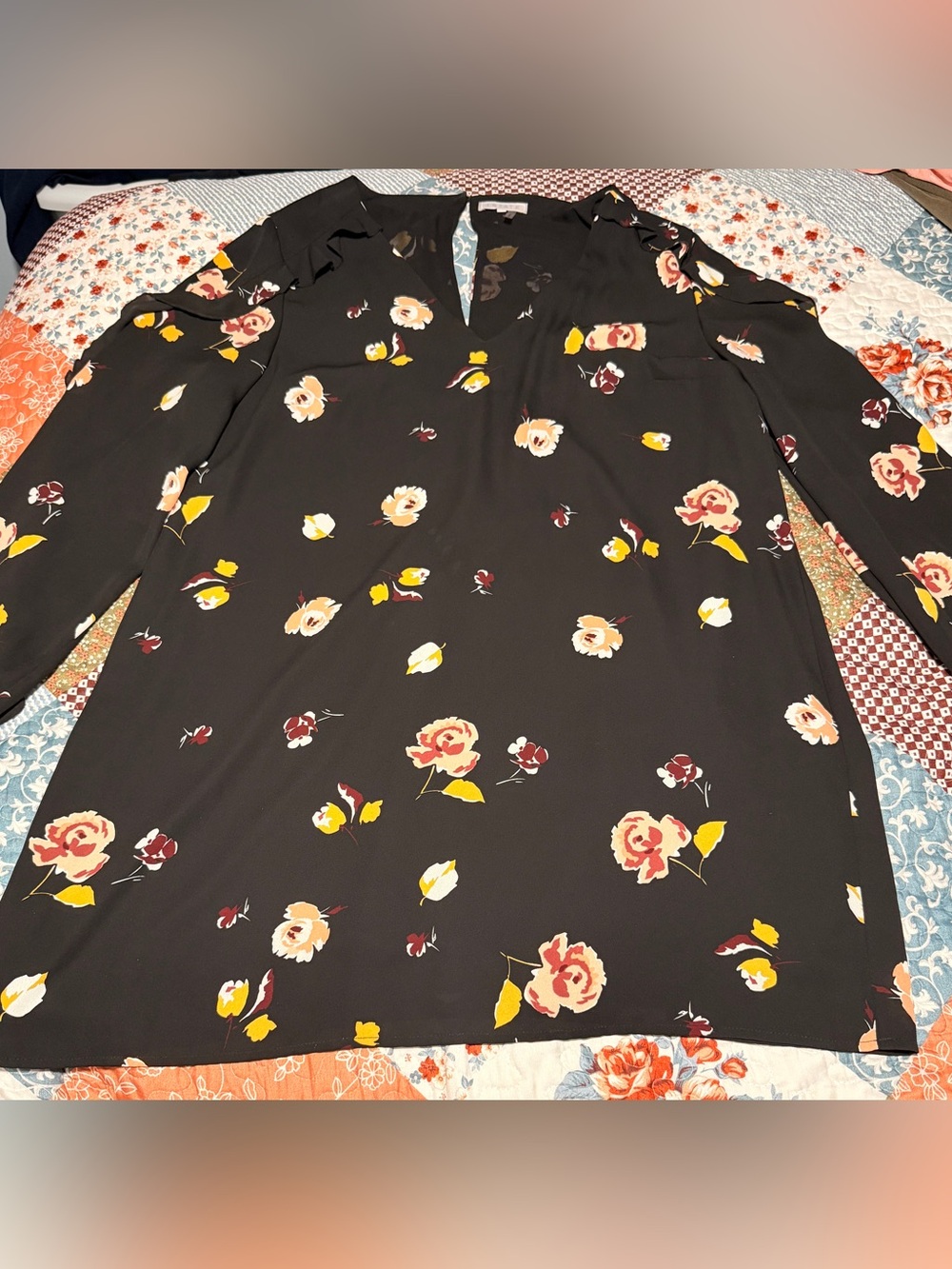 1.STATE Black Floral Long Sleeve Shift Dress XL Lined Puff Sleeve